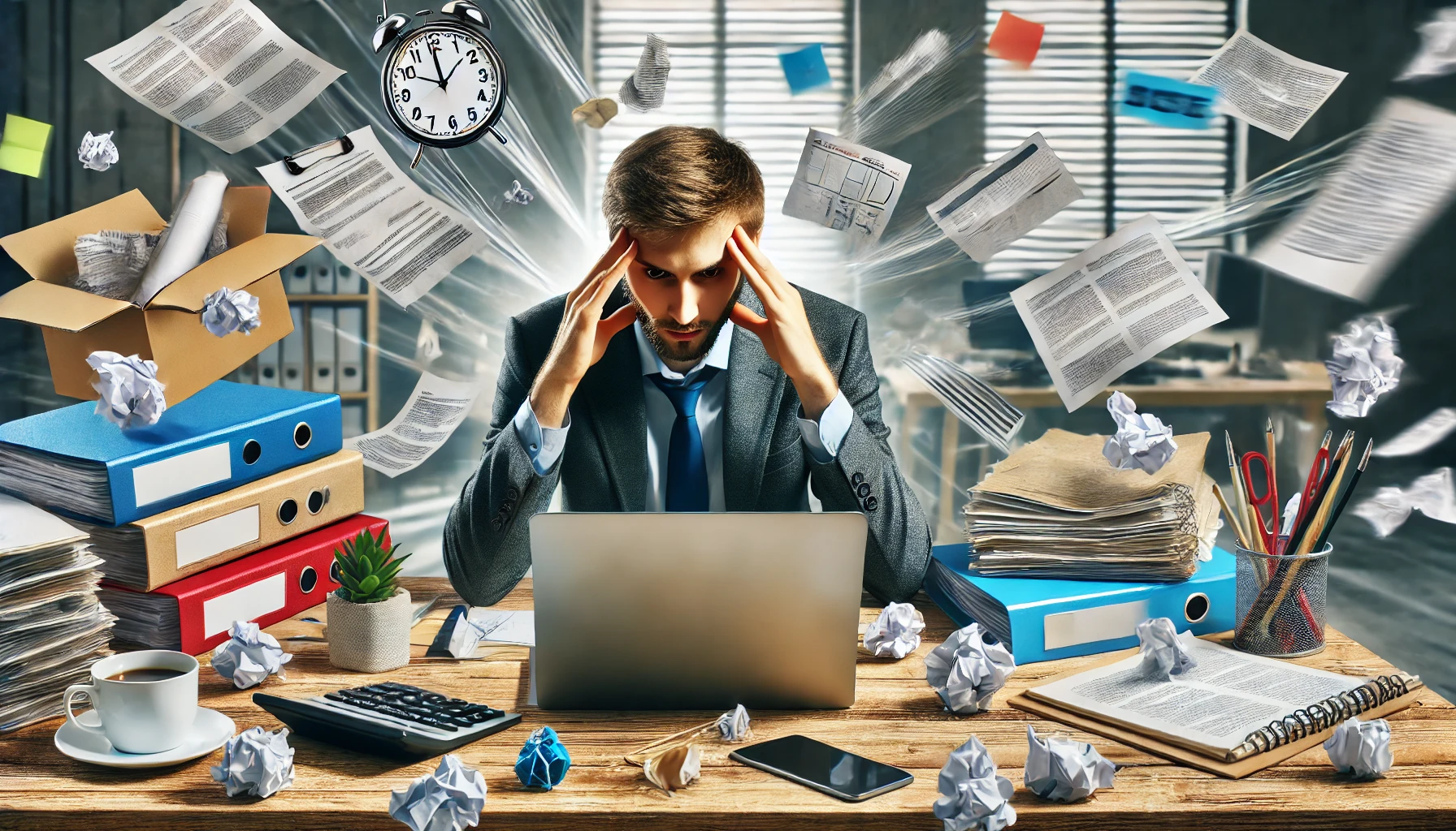 Adult struggling to focus at work with a cluttered desk and multiple distractions around, symbolizing ADHD symptoms in adults.