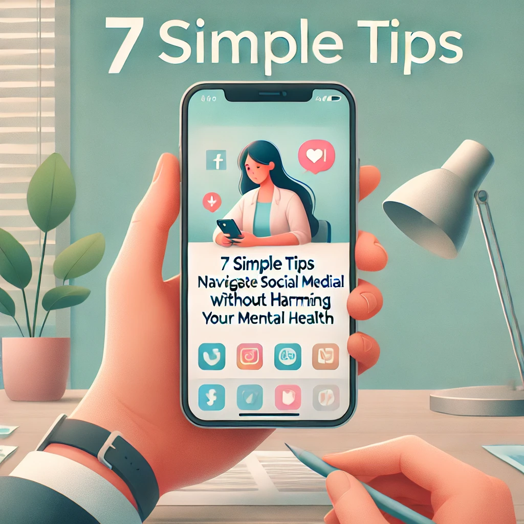 A visually appealing thumbnail showing a person holding a smartphone with calming pastel colors, representing tips for navigating social media without harming mental health.”