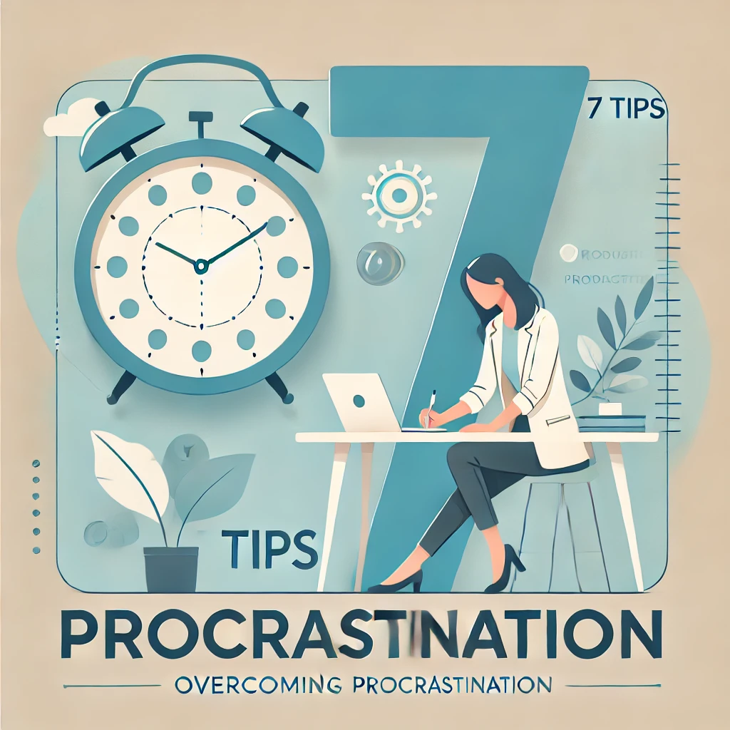 A minimalist thumbnail featuring a clock and a person starting a task at a desk, with the text '7 Tips' and 'Procrastination' in bold, clean font.