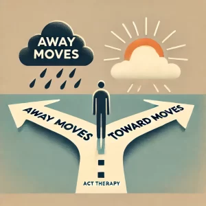 A simple illustration of the Choice Point model from ACT therapy. A person stands at a fork in the road. The left path, labeled "Away Moves," is under storm clouds, while the right path, labeled "Toward Moves," is bathed in sunlight.